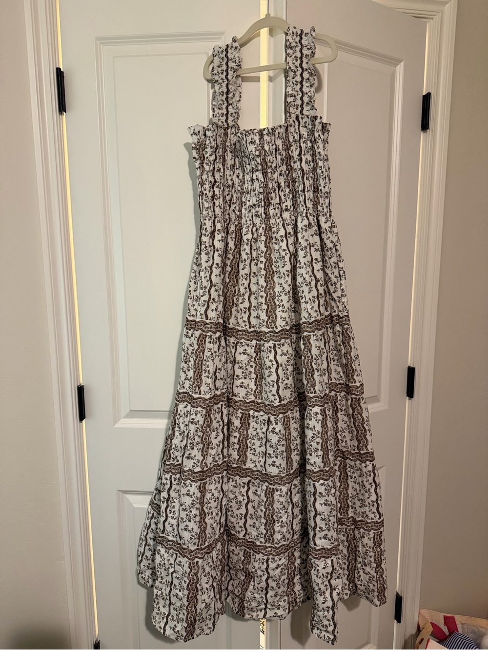 Hill House White and Brown Smocked Midi Dress